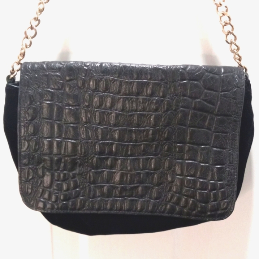 Vintage Black leather & Velvet  Chain Shoulder Purse